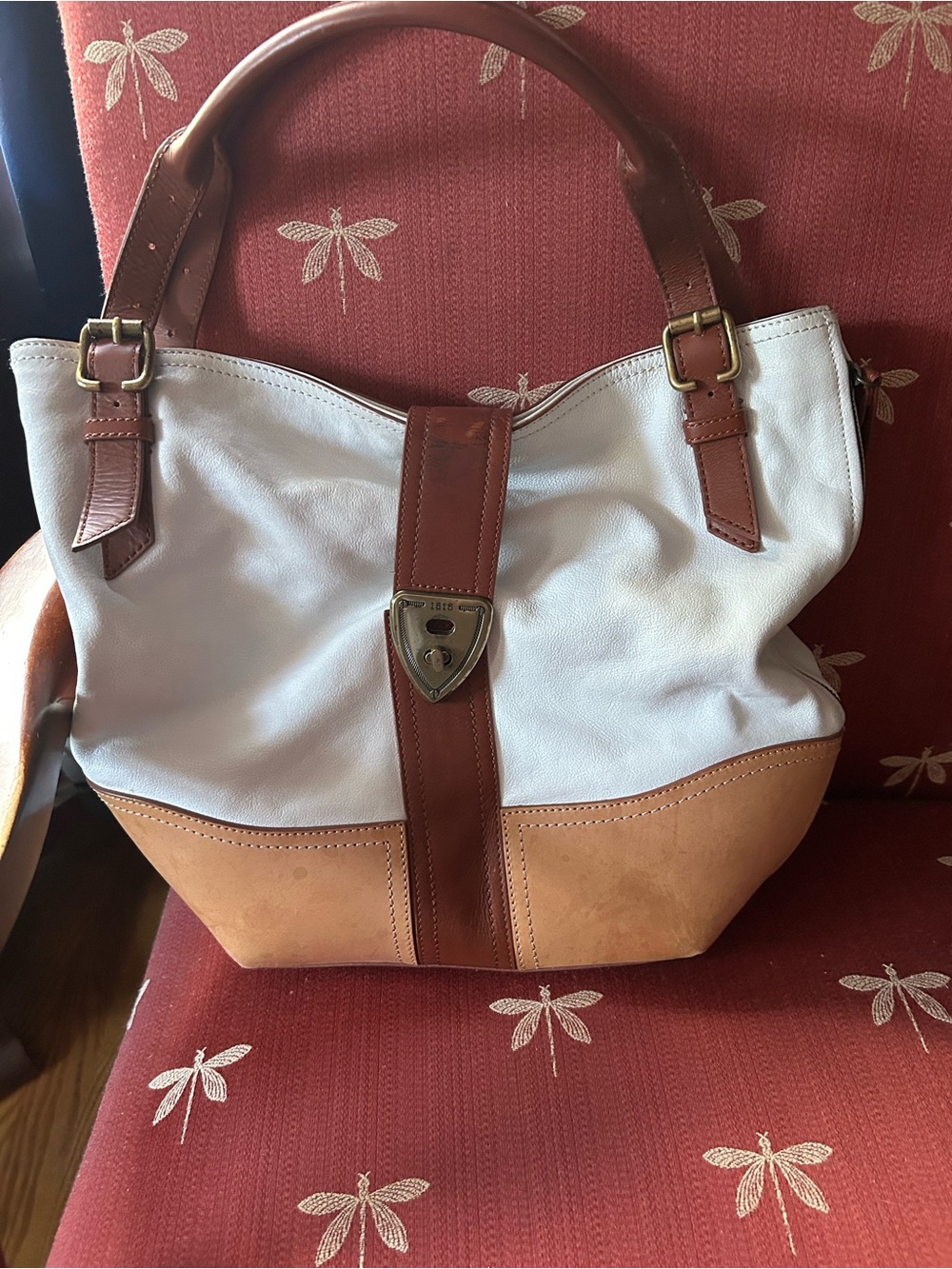 Brooks Brothers White and Brown Leather-Trim Shoulder Tote